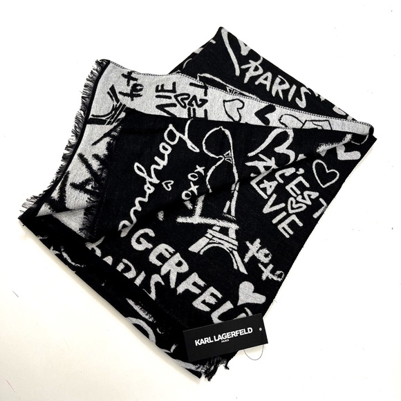 Karl Lagerfeld Paris Reversible Scarf Graffiti Eiffel Tower Cat Print Black Gray - Picture 3 of 6
